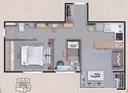 Planta 02 - 2 dorm 42 49m²