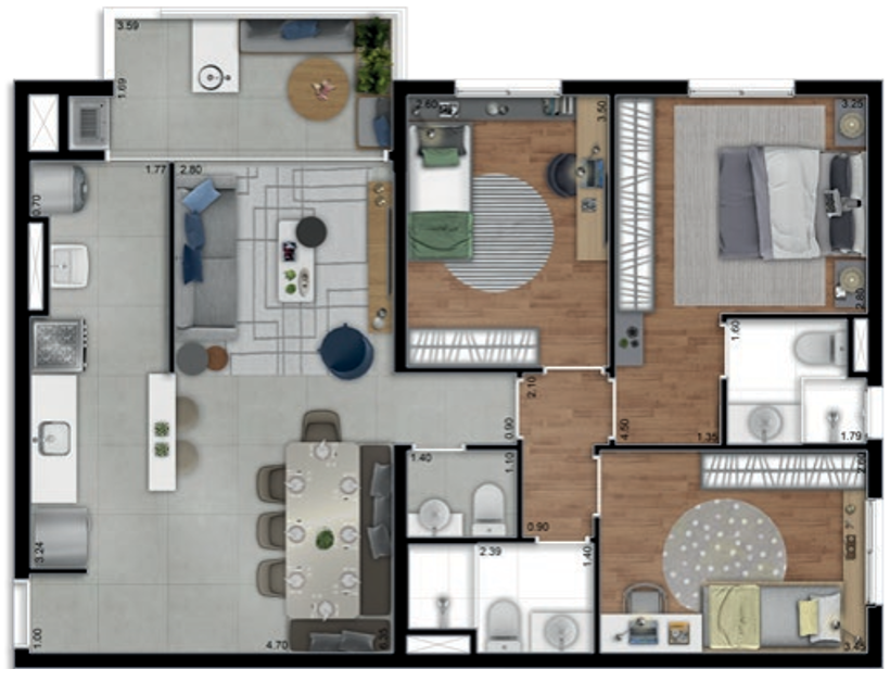 Planta 01 - 3 dorm 87m²