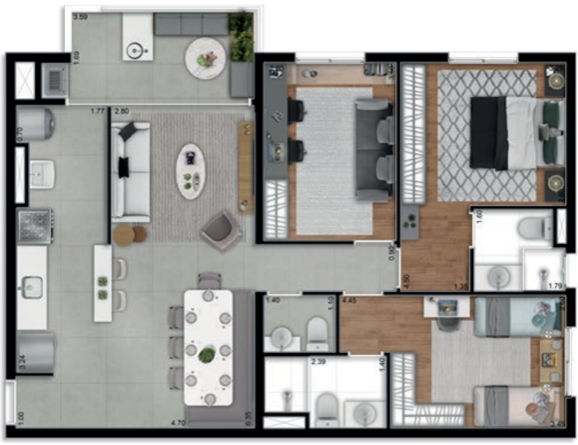 Planta 03 - 2 dorm 87m² - opção 2