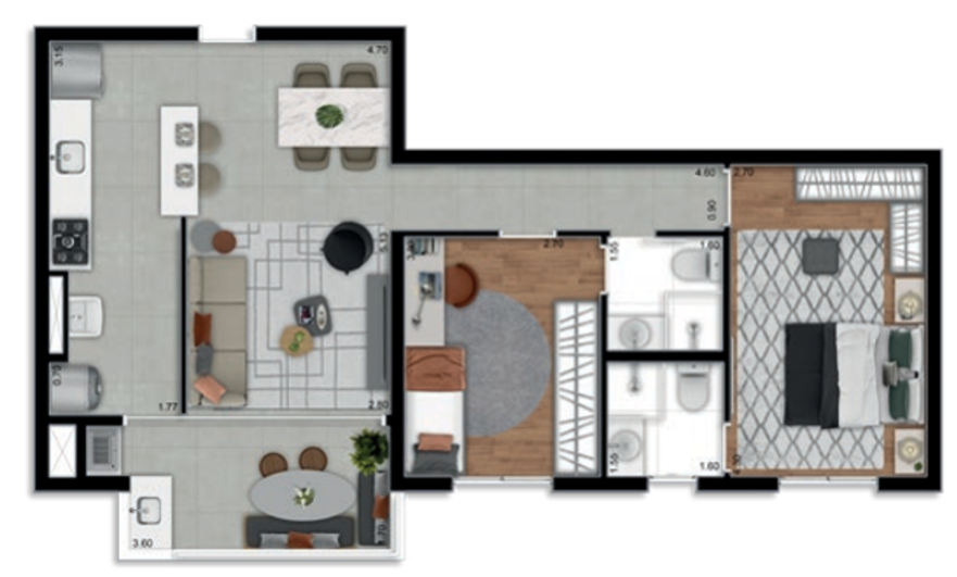 Planta 07 - 2 dorm 70m² - opção 1