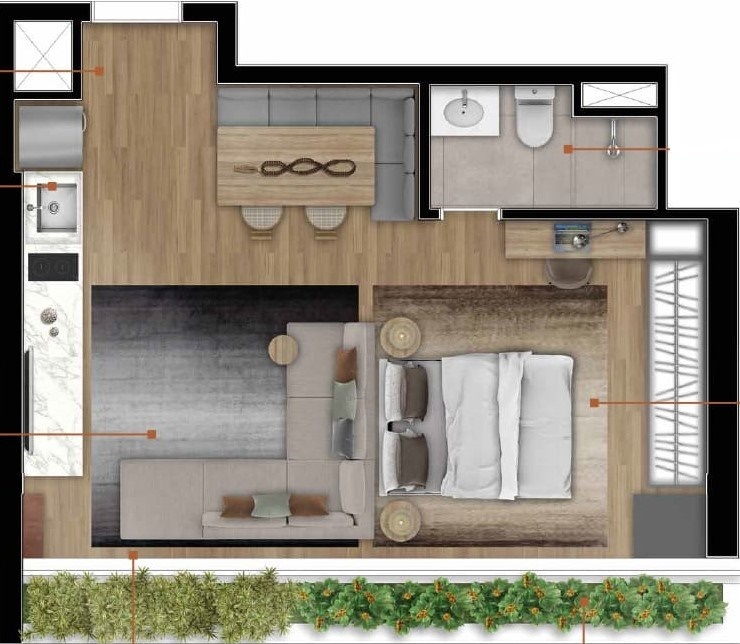 Planta 02 - 1 dorm 38m² - studio - opção 1