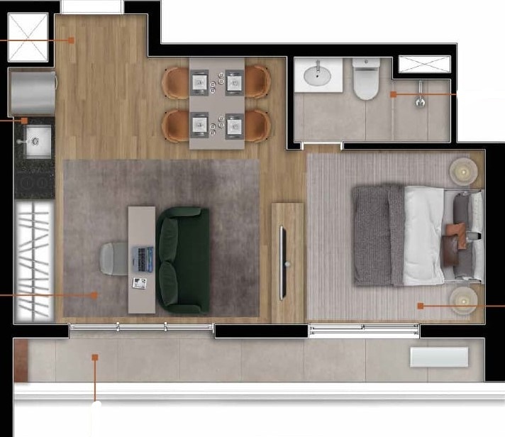 Planta 03 - 1 dorm 38m² - studio - opção 2