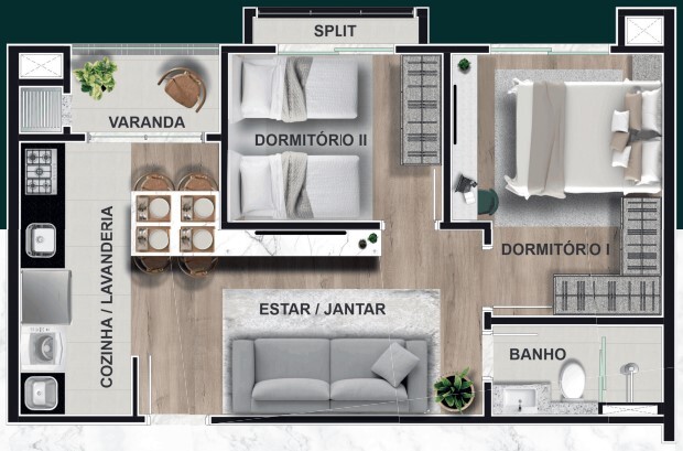 Planta 01 - 2 dorm 48m²