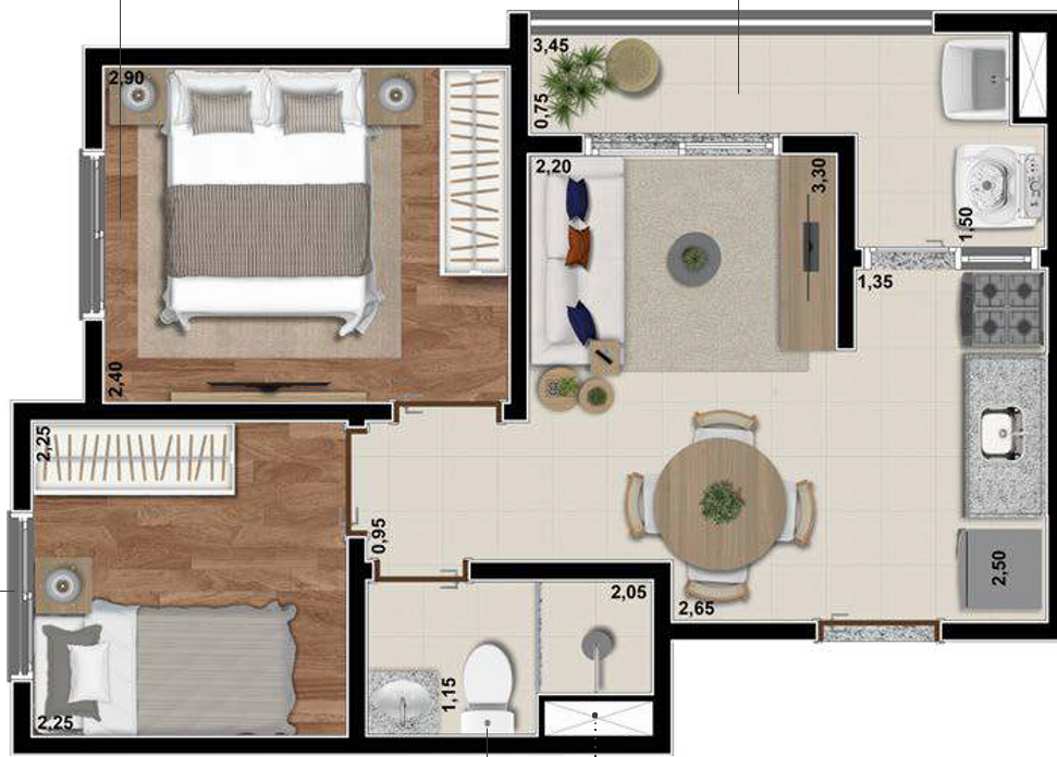 Planta 03 - 2 dorm 34 97m²