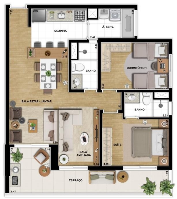 Planta 02 - 2 dorm 86m² - opção 1
