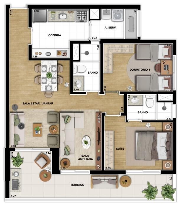 Planta 03 - 2 dorm 86m² - opção 2