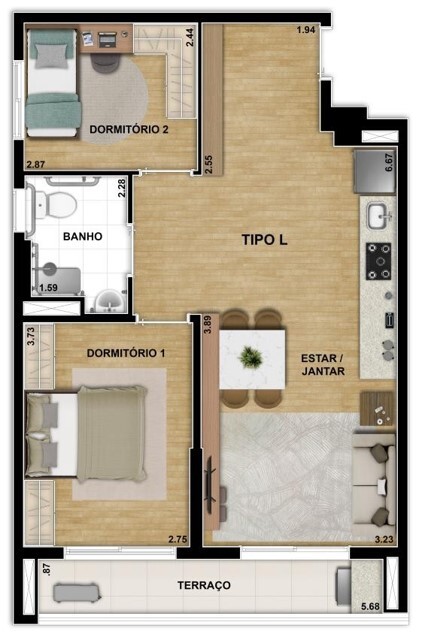Planta 01 - 2 dorm 64 24m²