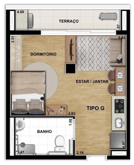 Planta 03 - 1 dorm 34 67m² - studio