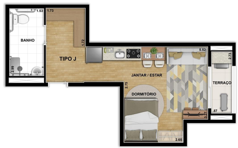 Planta 05 - 1 dorm 37 92m² - studio