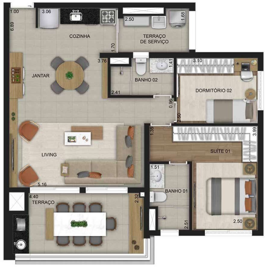 Planta 02 - 2 dorm 87m² - opção