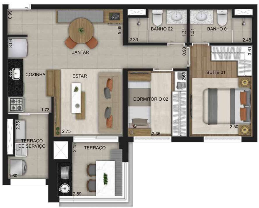 Planta 03 - 2 dorm 64m²