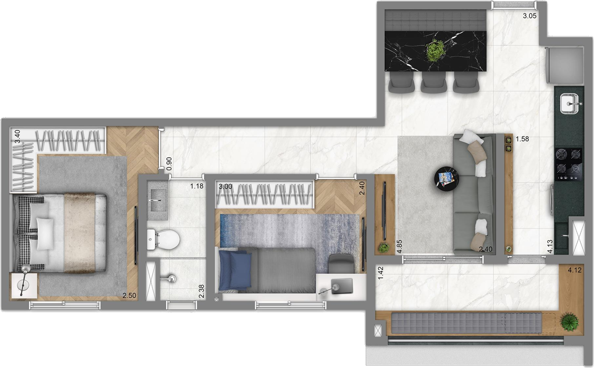 Planta 01 - 2 dorm 55m²