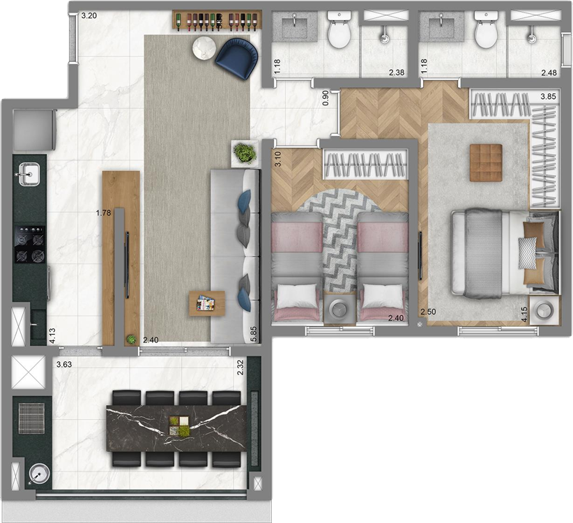 Planta 02 - 2 dorm 66m²