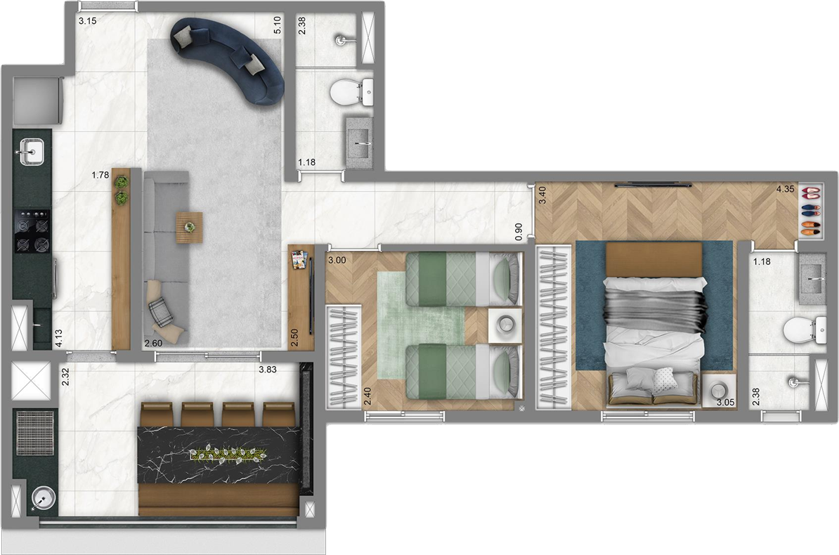 Planta 03 - 2 dorm 67m²