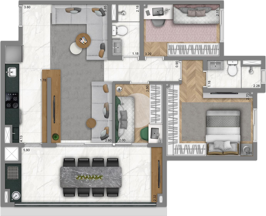 Planta 04 - 3 dorm 80m²