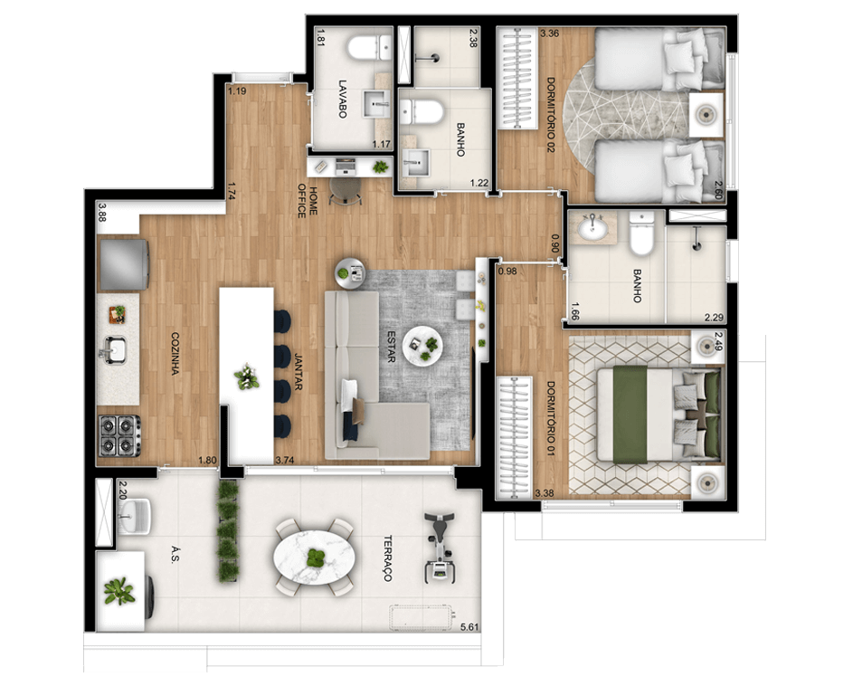 Planta 01 - 2 dorm 74m²