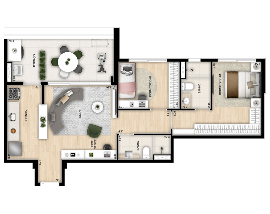 Planta 02 - 2 dorm 77m²