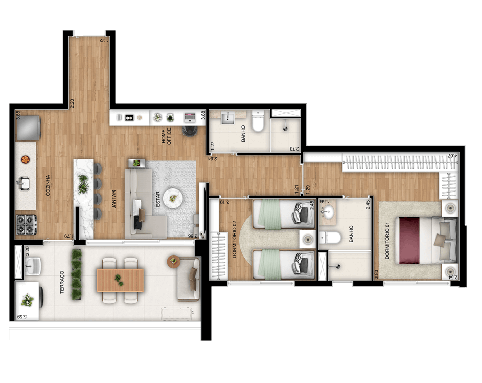 Planta 03 - 2 dorm 79m²