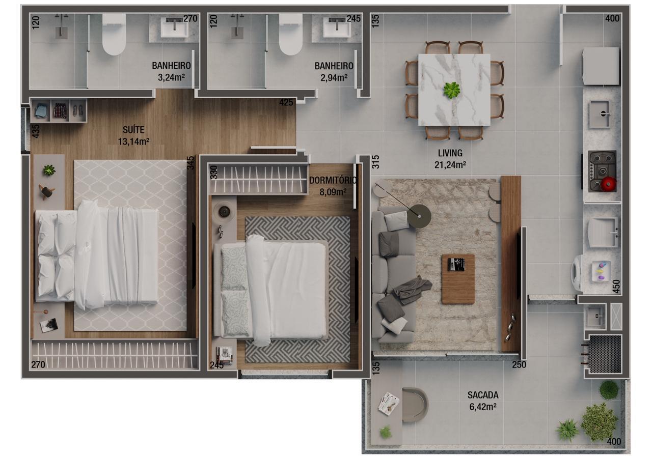 Planta 01 - 2 dorm 63m²