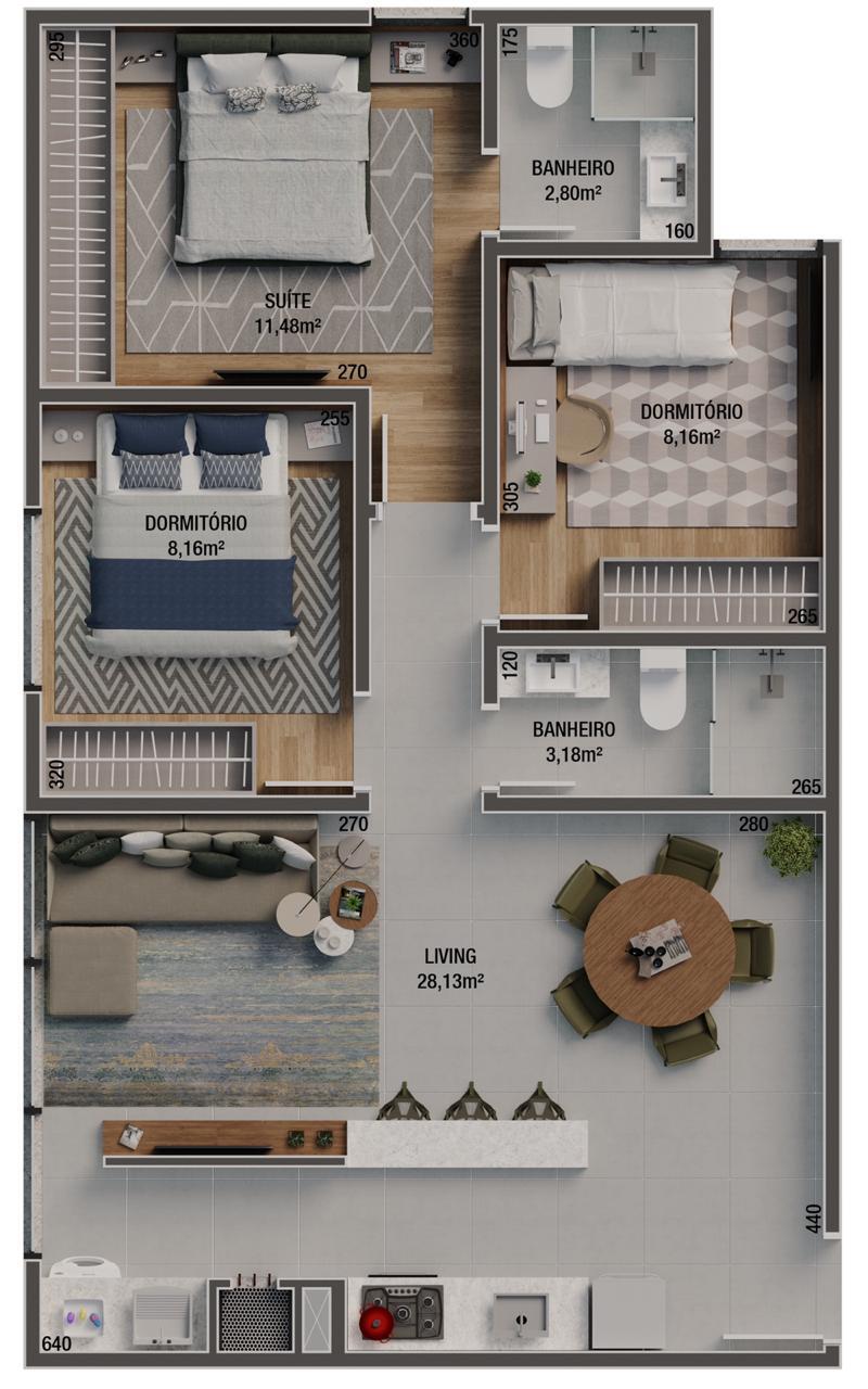 Planta 02 - 3 dorm 71m²