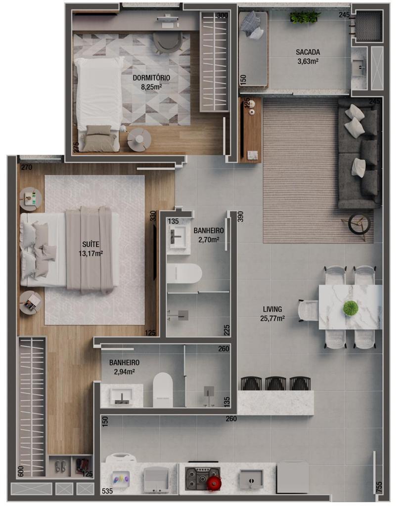 Planta 03 - 2 dorm 64m²