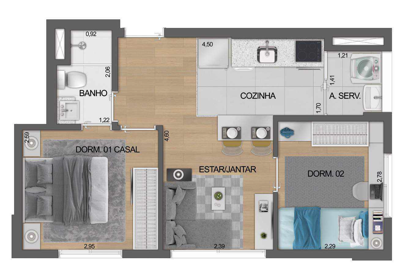 Planta 01 - 2 dorm 39 08m²