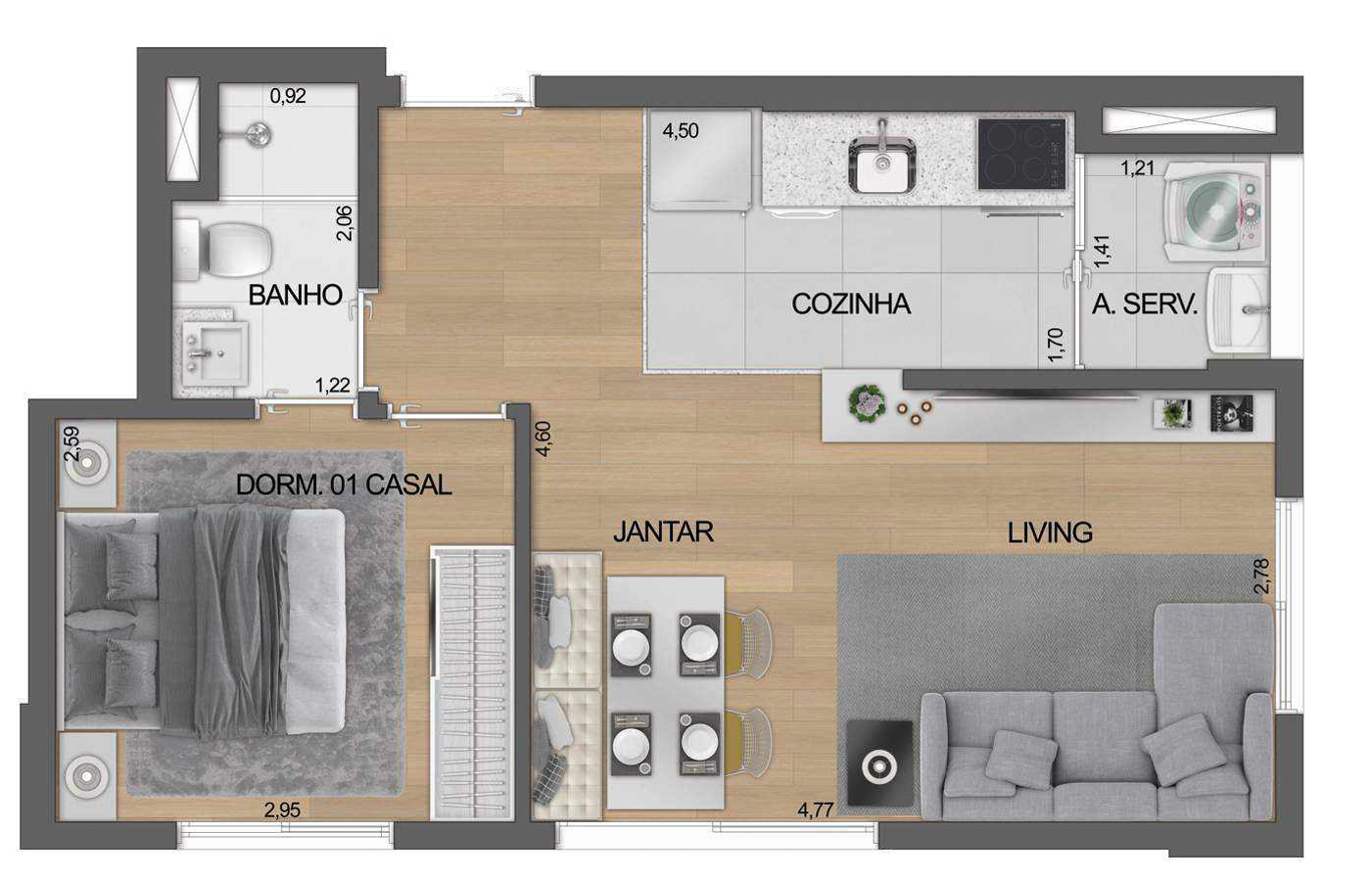 Planta 02 - 1 dorm 39 08m² - opção