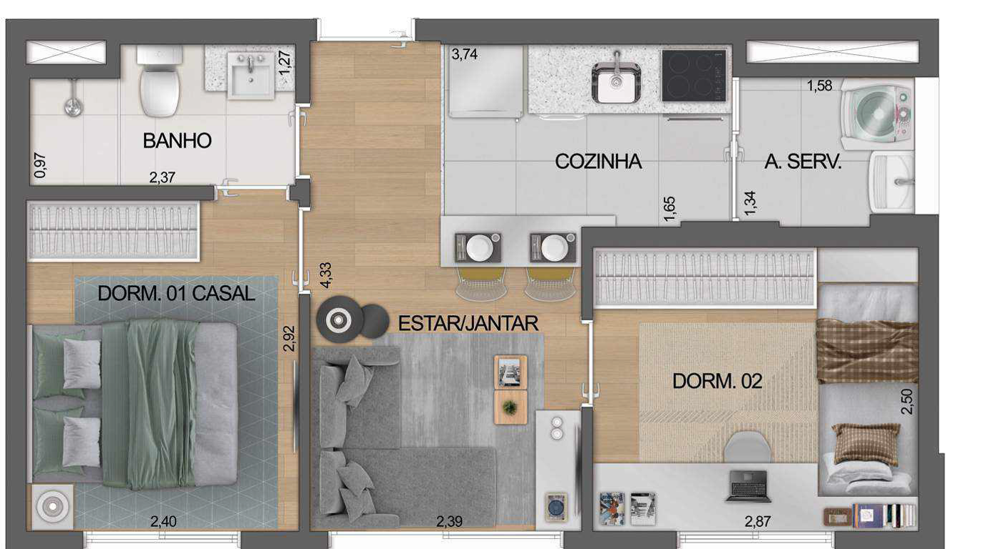 Planta 03 - 2 dorm 38 08m²