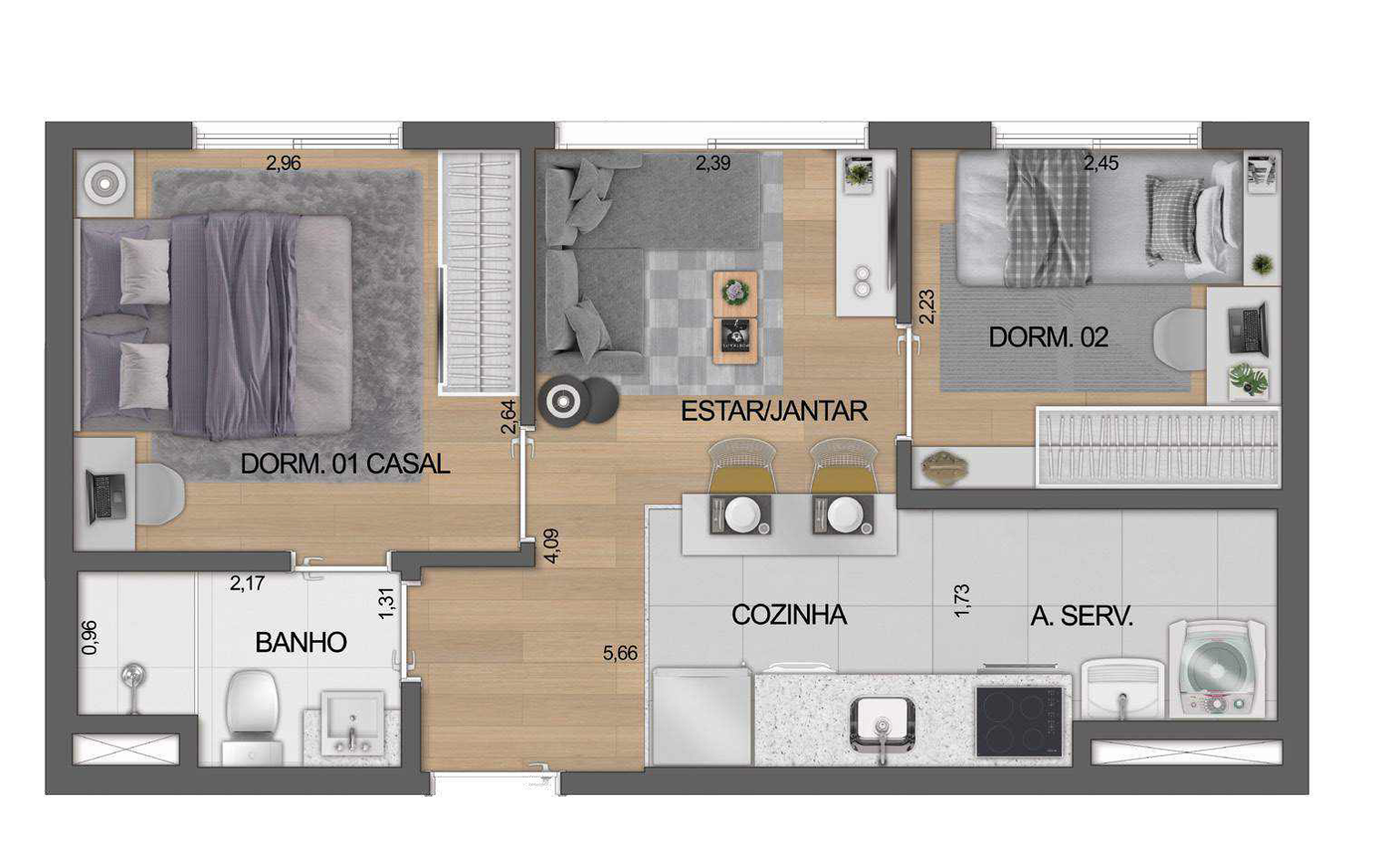 Planta 04 - 2 dorm 36 60m²