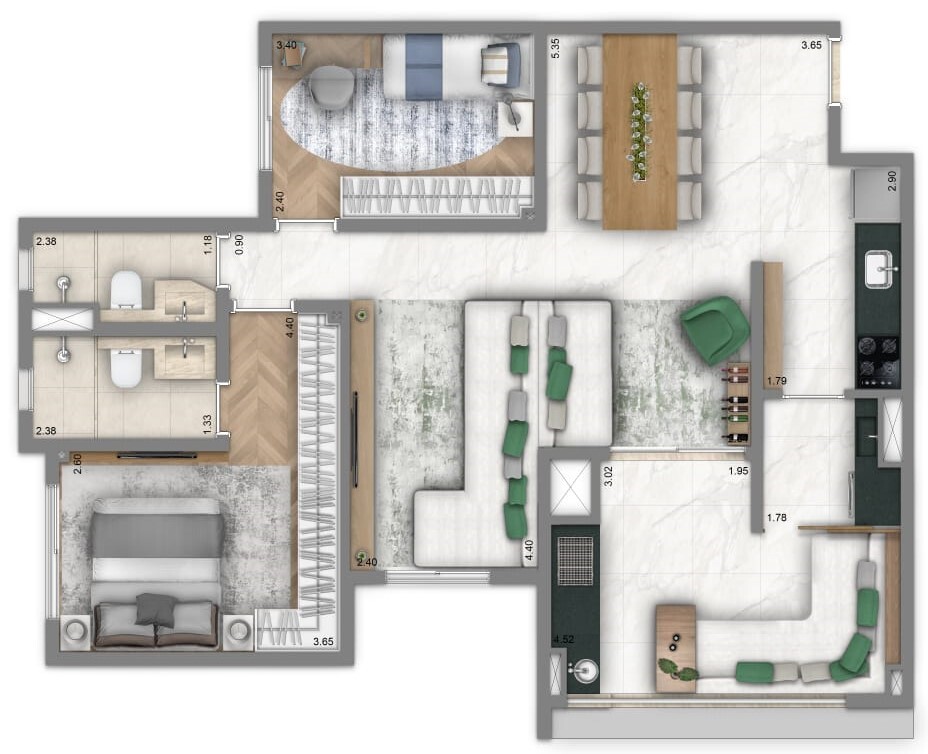 Planta 03 - 2 dorm 83m²