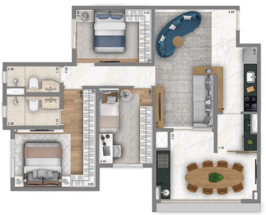 Planta 04 - 3 dorm 83m² - opção