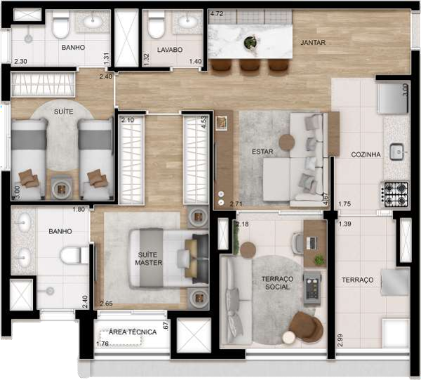 Planta 01 - 2 dorm 76m²