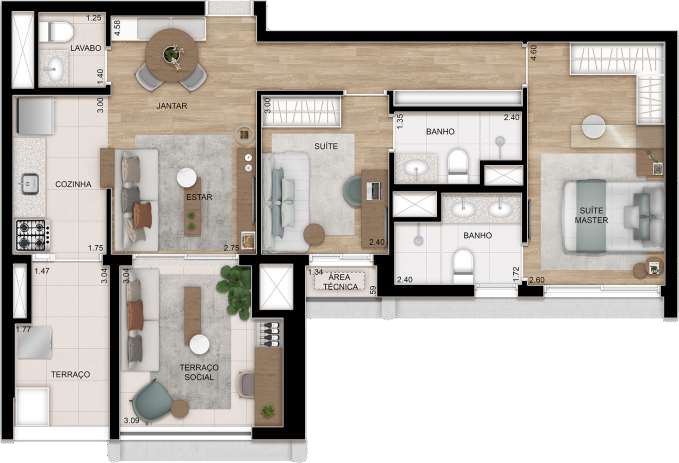 Planta 02 - 2 dorm 80m²
