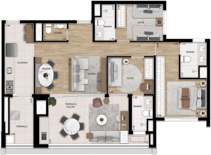 Planta 03 - 3 dorm 109m²