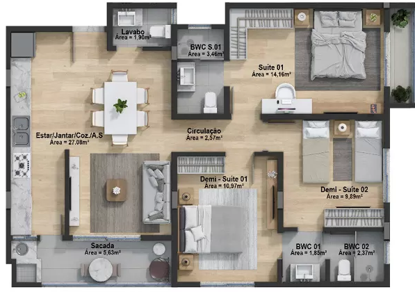 Planta 35 - 3 dorm 91m²