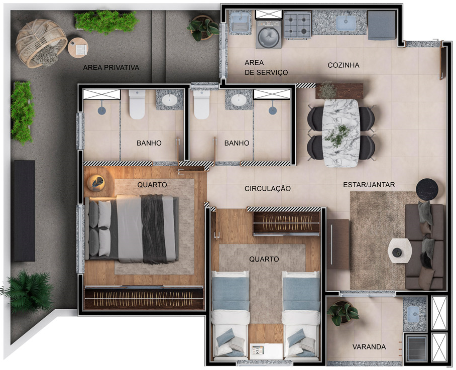Planta 01 - 2 dorm 72m² - garden