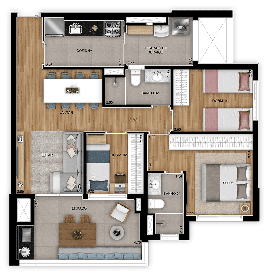 Planta 01 - 3 dorm 79m²