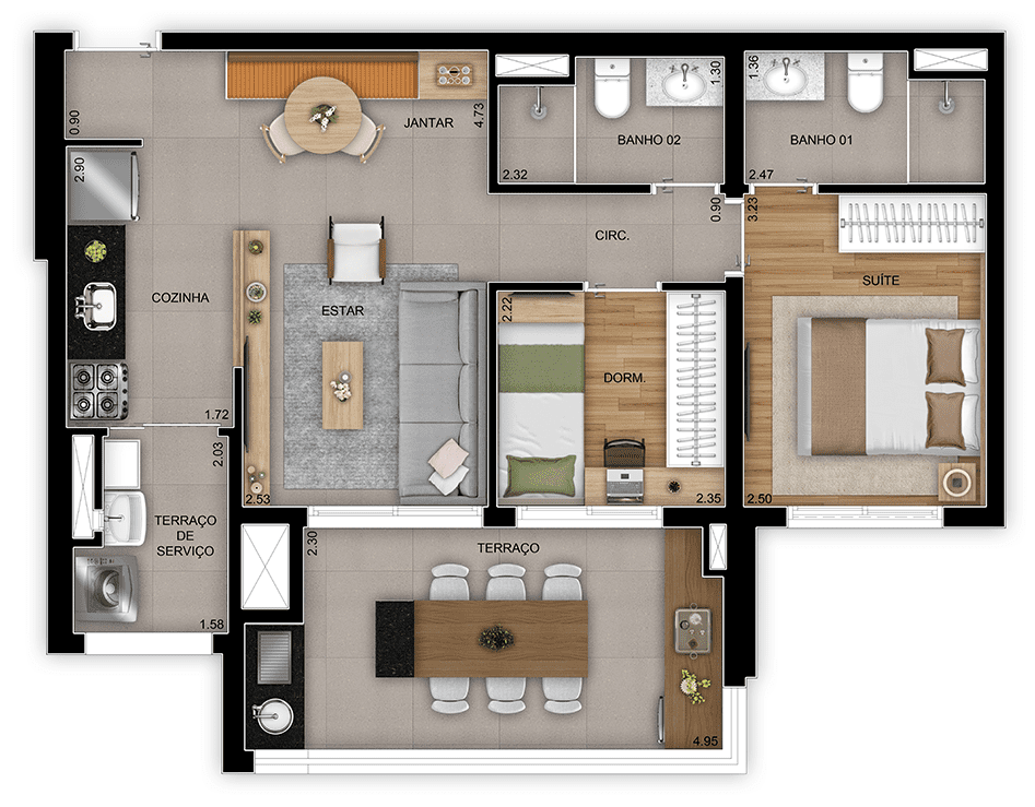 Planta 03 - 2 dorm 65m²