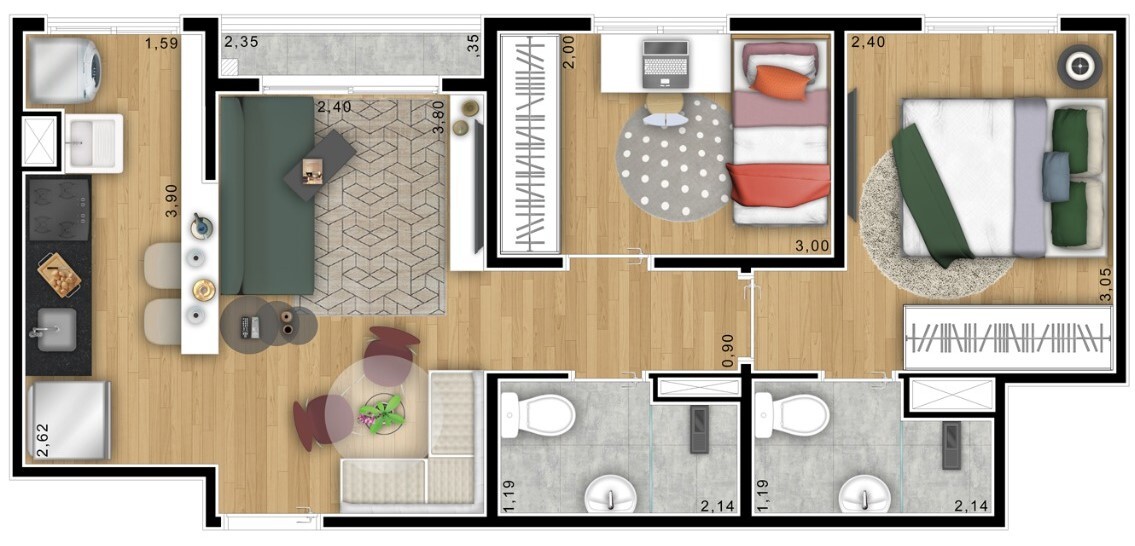 Planta 01 - 2 dorm 44 56m²