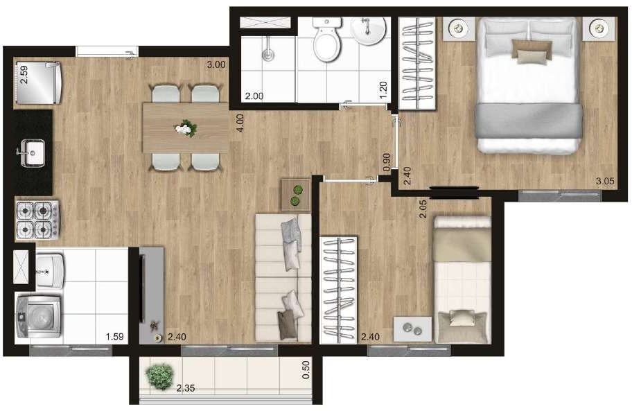 Planta 02 - 2 dorm 37m²
