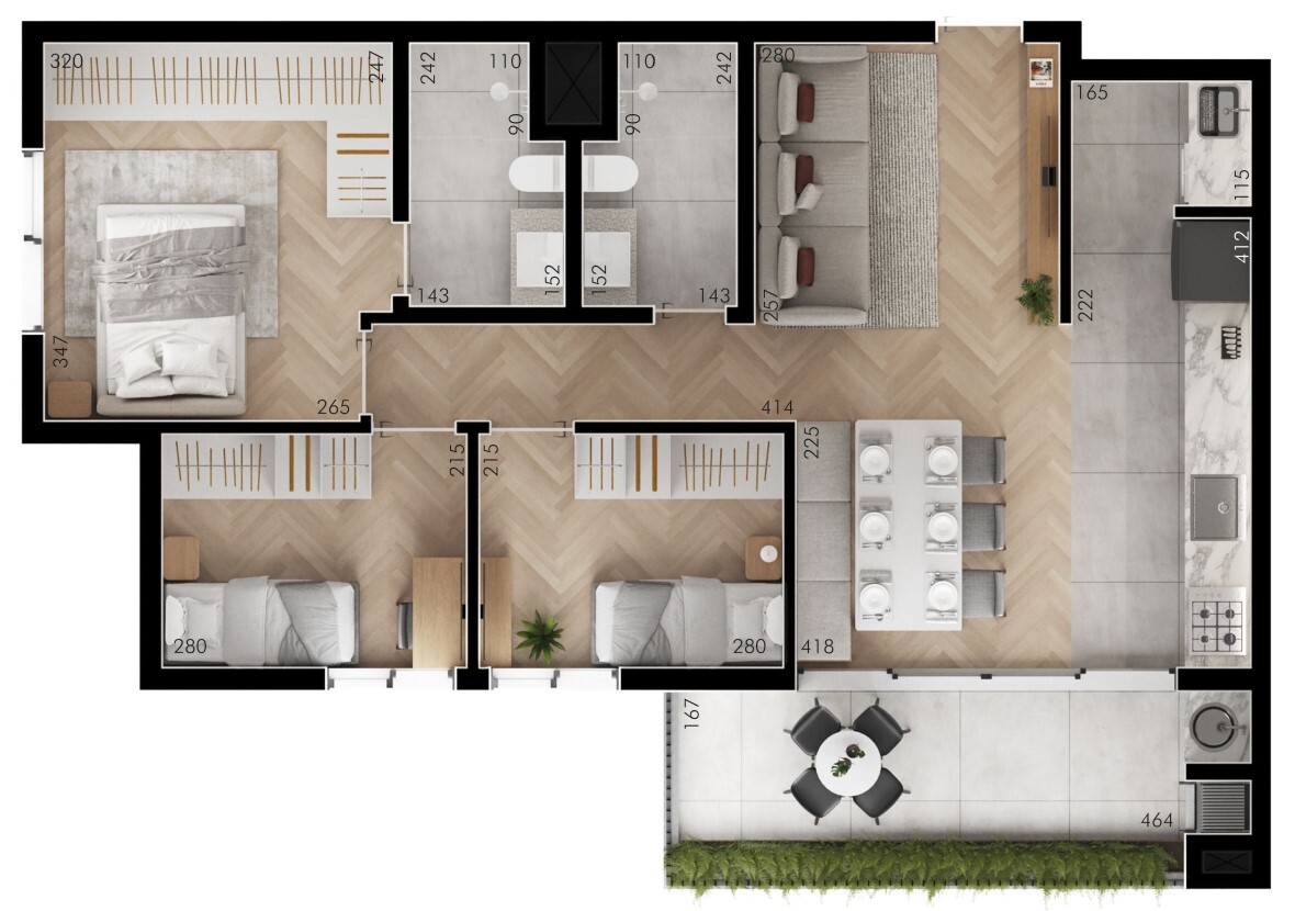 Planta 01 - 3 dorm 75m²