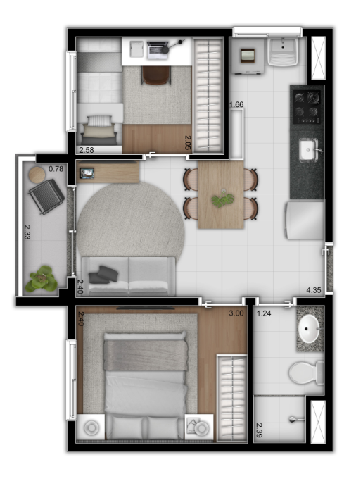 Planta 02 - 2 dorm 36m²
