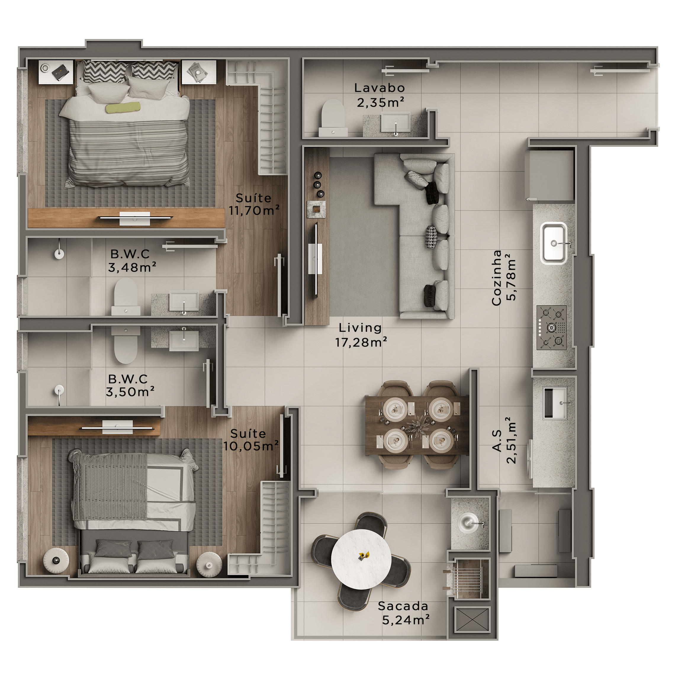 Planta 03 - 2 dorm 76m²