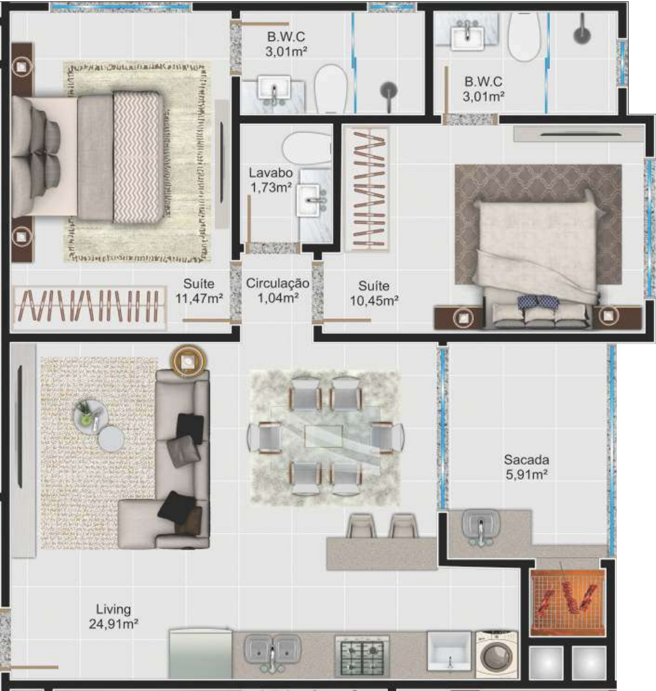 Planta 01 - 2 dormitorios 70m²