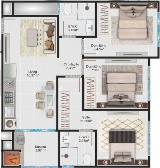 Planta 02 - 2 dormitorios 68m²
