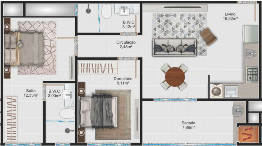 Planta 03 - 2 dormitorios 65m²