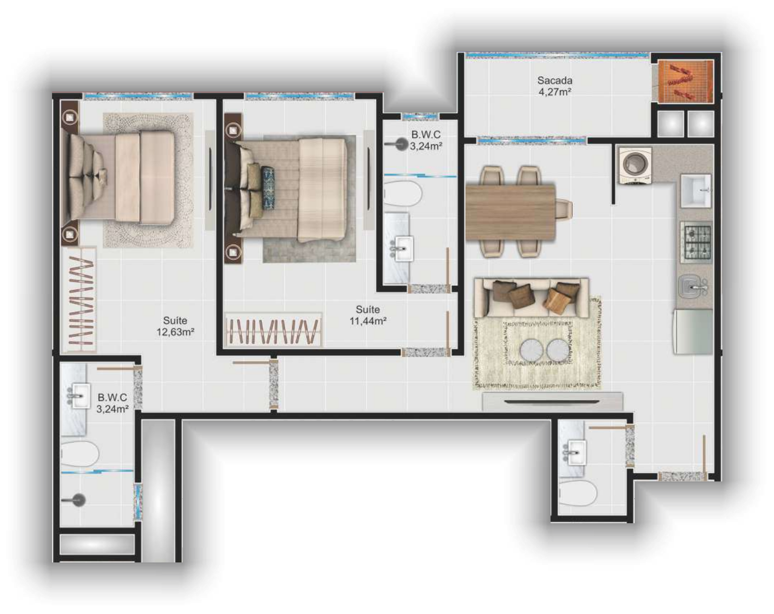 Planta 04 - 2 dormitorios 67m²
