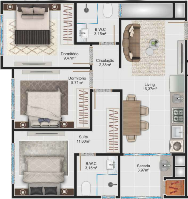 Planta 05 - 2 dormitorios 68m²
