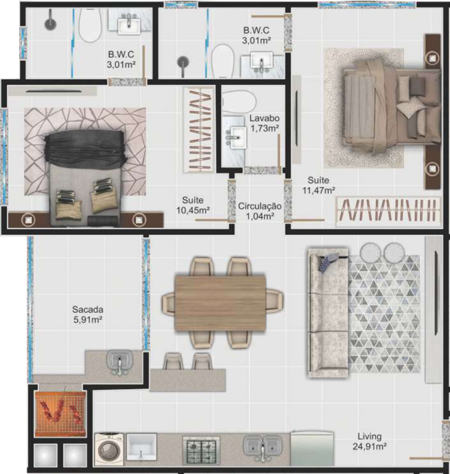 Planta 06 - 2 dormitorios 70m²