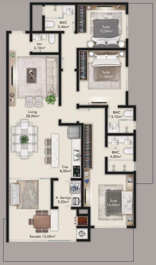 Planta 01 - 3 dorm 120 20m²